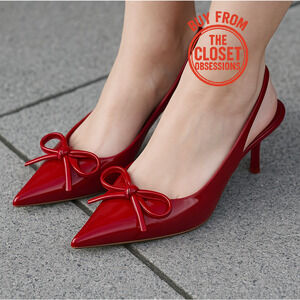 ZARA Patent Pointed Toe Slingback Heels NWT – Red Bow Pumps, Size 6.5–10